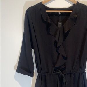 Black Women's Dress With Ruffle Collar, Cuffed Sleeves and Pockets